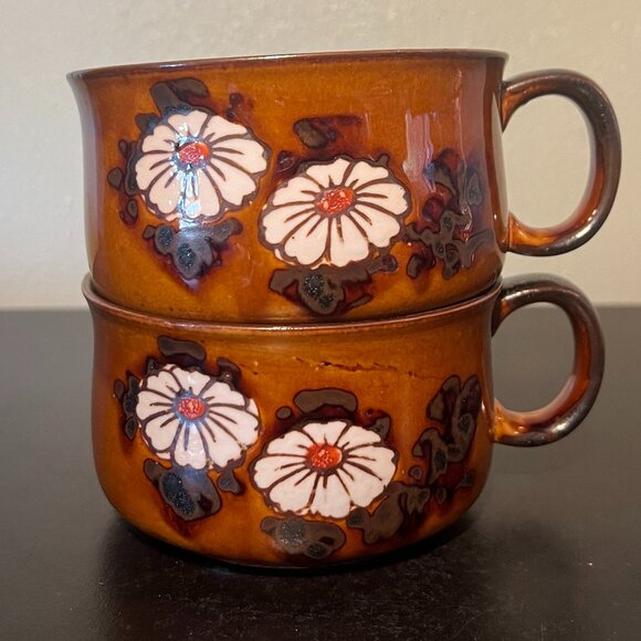Set of 2 Vintage Otagiri Caramel Glazed Stoneware Daisy Flower Mugs / Soup Bowls - Picture 3 of 14